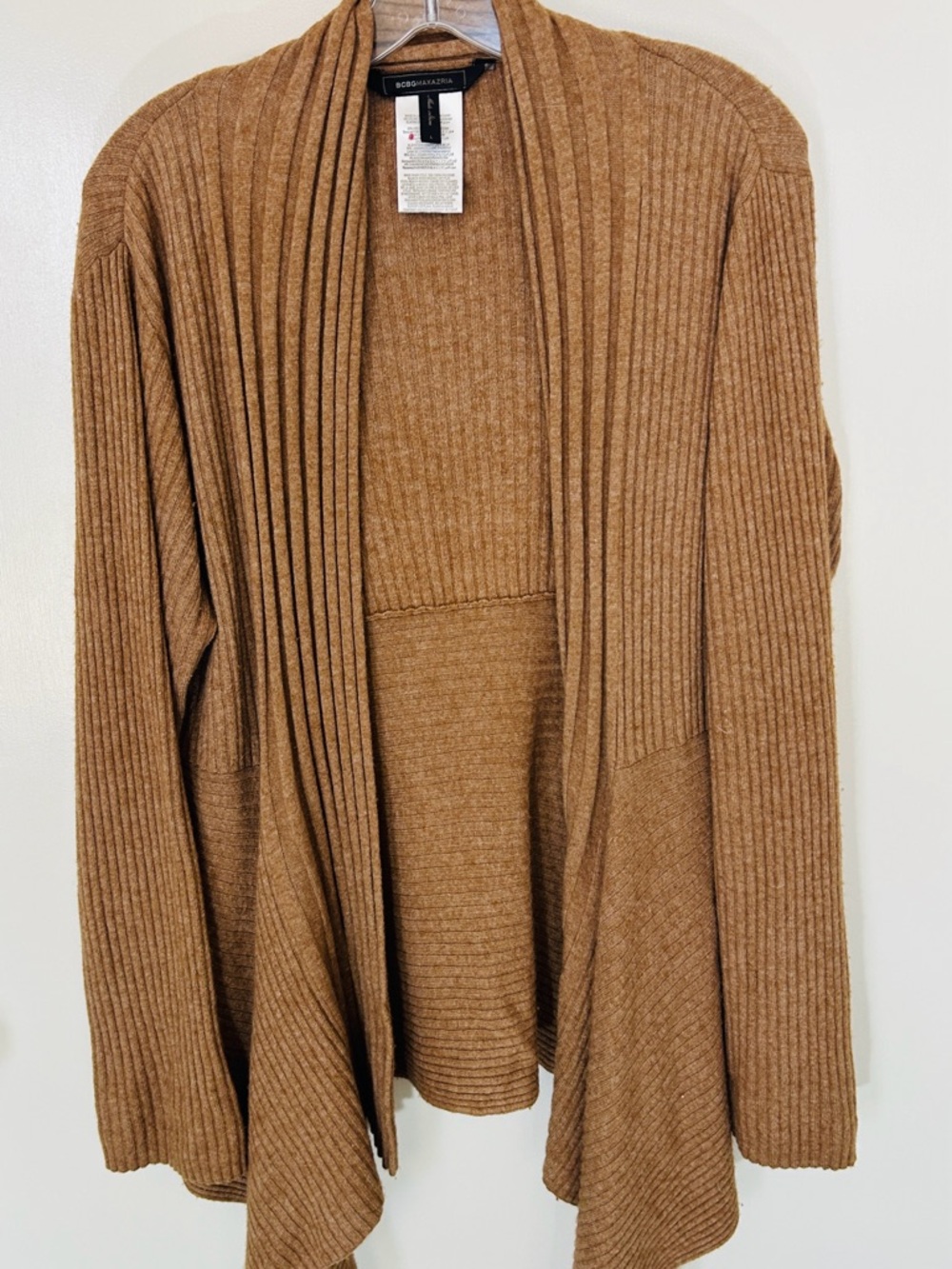BCBGMaxAzria Camel Brown Open-Front Ribbed Drape Cardigan